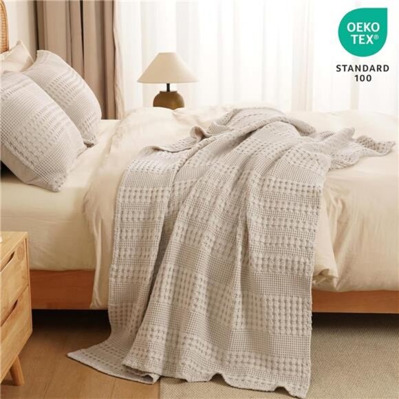 100% Cotton Waffle Weave Throw Blanket, Soft Lightweight Breathable Cozy - Picture 5 of 7